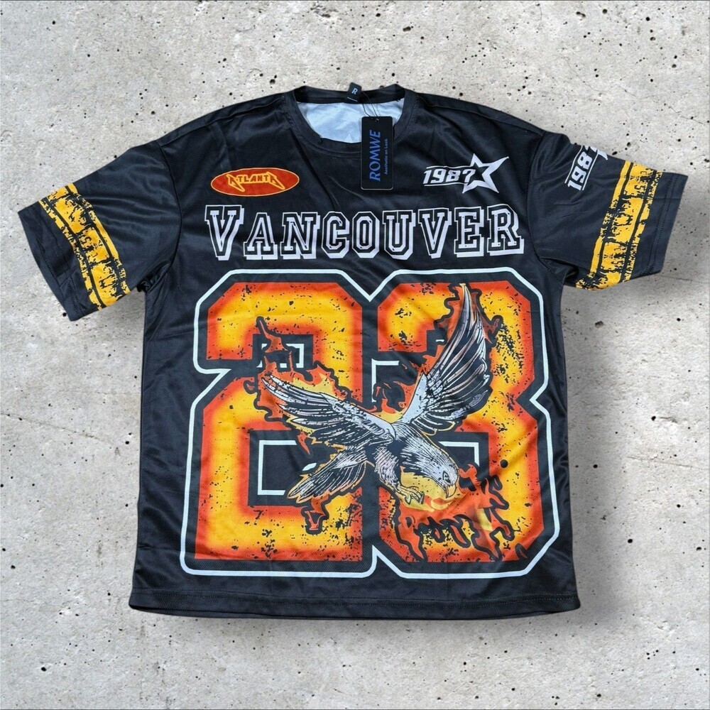 Romwe Vancouver Eagle 23 Graphic Jersey Shirt Men's Small Black Streetwear